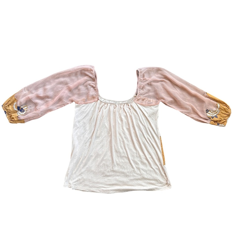 Gimmicks Peasant Top Wmns Large Pink Yellow Fair Boho Embroidered Balloon Sleeve - Picture 3 of 7